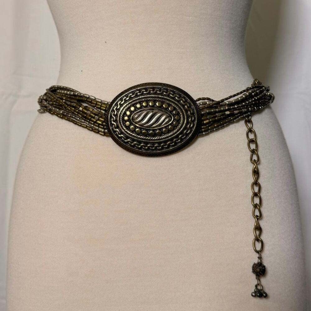 Vintage Mixed Metal Multi Strand Beaded Medallion Belt Boho Adjustable